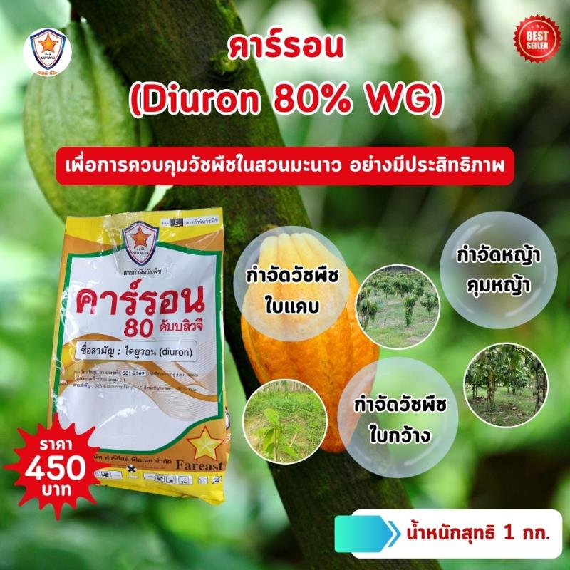 กำจัดหญ้าและวัชพืชในสวนโกโก้ด้วยคาร์รอน (Diuron 80% WG)